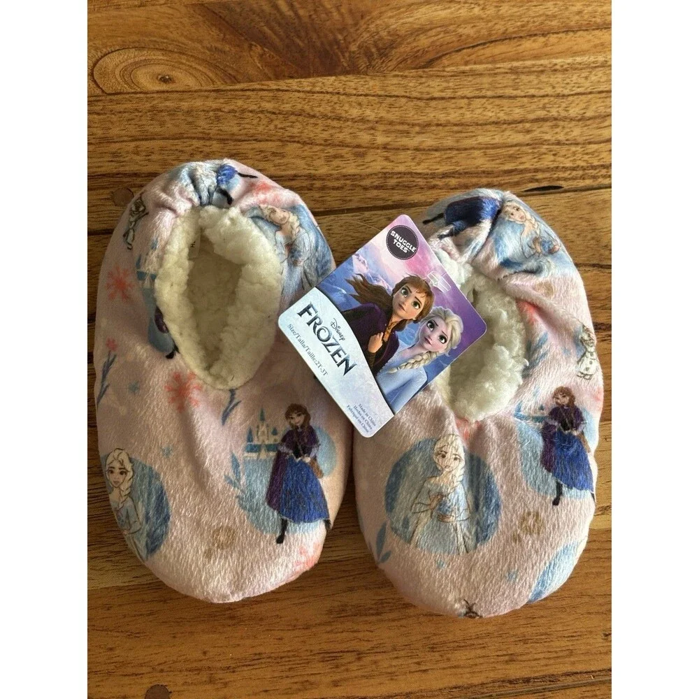 Disney Frozen Pink Elsa & Anna Fuzzy Fleece Slippers Toddler Girl 2T-3T NEW
